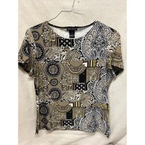 Made in Heaven Womens M Paisley Patchwork Short Sleeve Top Black Tan USA